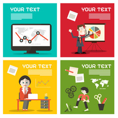 Business Man - Secretary and Repair Man Flat Design Vector Infographics Design Set with Computer and World Map