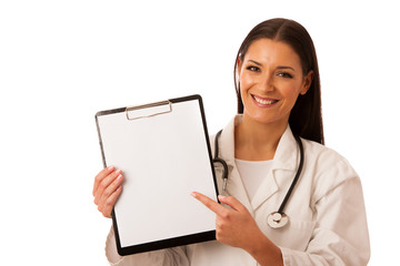 Woman doctor with stethoscope around neck showing clipboard with