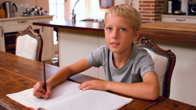 Cute boy doing his homework on the kitchen table