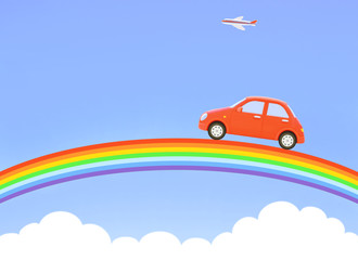 red car and rainbow