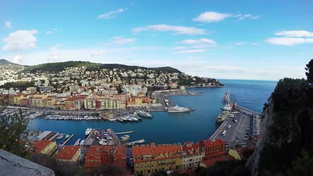 Panoramic view of Nice coastline and port with blue sky, Nice, Cote d'Azur, French Riviera.