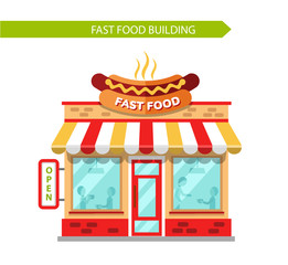 Fast food restaurant. Signboard with big hotdog. People eating and drinking at the tables inside the building. Flat style vector illustration.