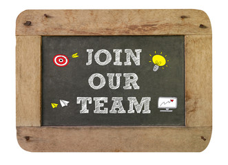Join our team Concept ,vintage blackboard with wooden frame isol