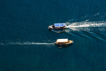 View from the top down by two passenger ship passing by