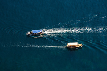 View from the top down by two passenger ship passing by