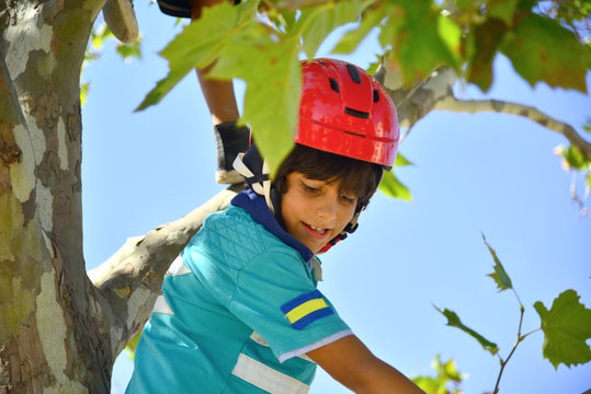 Bopy with red helmet climbing a tree