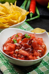 Bowl of fresh salsa with tortilla chips
