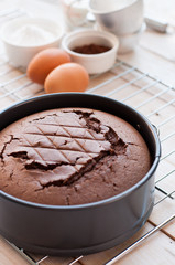 Chocolate cake in cake form on wooden background