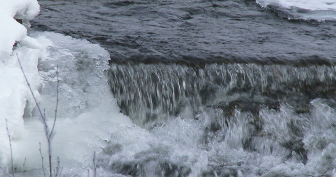 Water flowing in small river in winter, with ice on the shore
