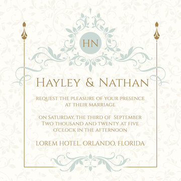 Wedding invitation. Decorative floral frame and monogram.