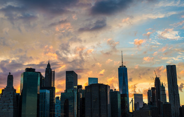 Panoramic view of Manhattan skyline at sunset, New York city
