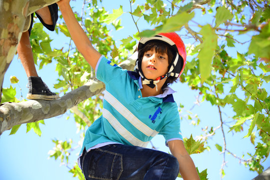 Bopy with red helmet climbing a tree