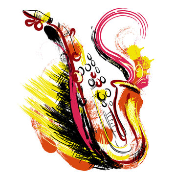 Saxophone. Hand drawn grunge style art. Colorful retro vector illustration. Banner, card, scrap booking, t-shirt, bag, print, poster.