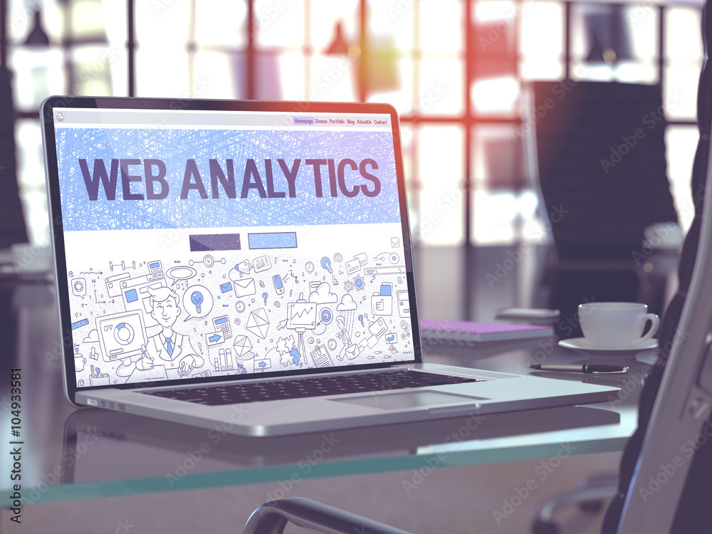 Wall mural web analytics - closeup landing page in doodle design style on laptop screen. on background of comfo
