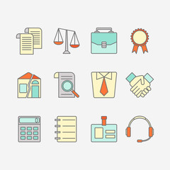 Vector set of color flat line icons for law firm