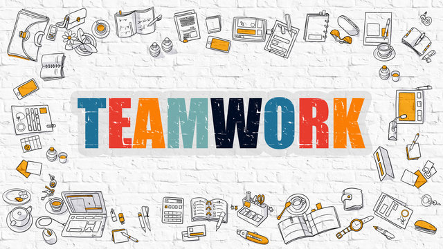 Teamwork Concept. Modern Line Style Illustration. Multicolor Teamwork Drawn on White Brick Wall. Doodle Icons. Doodle Design Style of  Teamwork  Concept.