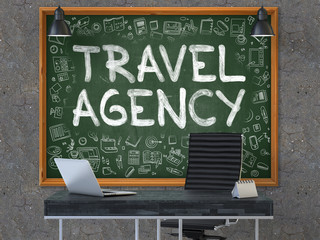 Travel Agency - Hand Drawn on Green Chalkboard in Modern Office Workplace. Illustration with Doodle Design Elements. 3D.