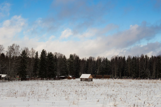 Fototapeta Wooden house in winter forest