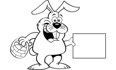 Black and white illustration of a rabbit holding a basket and a sign.