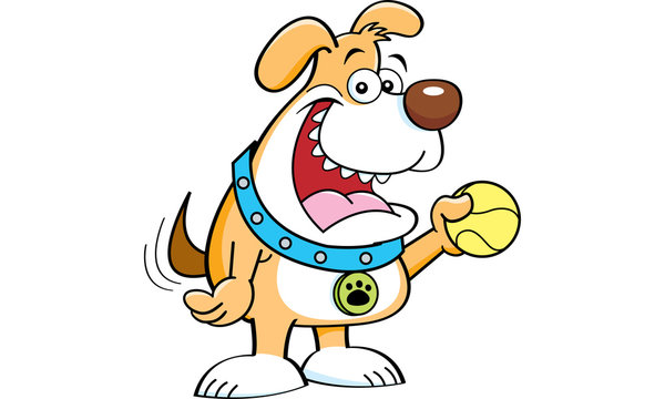 Cartoon illustration of  dog holding a ball