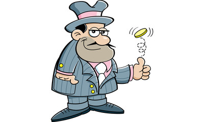 Cartoon illustration of a gangster flipping a coin.