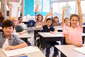 Obraz na płótnie Canvas Elementary school kids in a classroom raising their hands