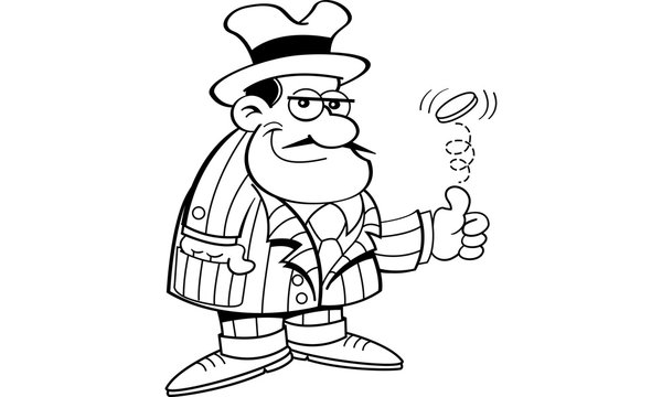 Black and white illustration of a gangster flipping a coin.