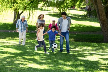 Smiling family playing football