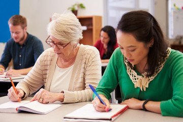 Two women sharing a desk at an adult education class