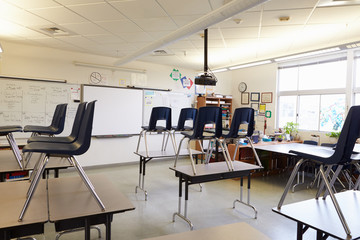 Empty classroom with chairs on tables