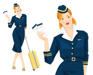 Vector illustration of beautiful redhead air hostess holding ticket in her hand. Stewardess with travel case. Woman in blue formal clothes and hat with gold ribbon isolated on white background. 