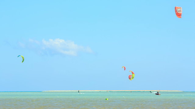 People engaged in kite surfing in the Kite Village at the Red Sea near Hamata Marine.