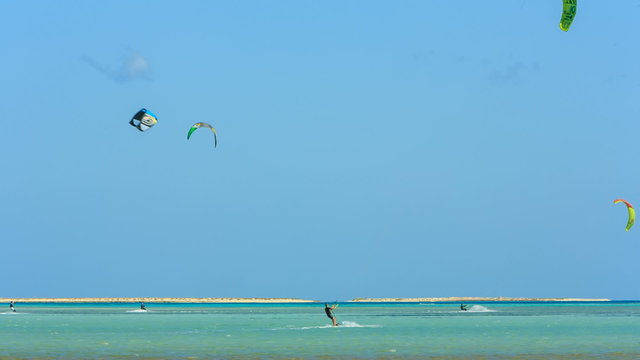 People engaged in kite surfing in the Kite Village at the Red Sea near Hamata Marine.