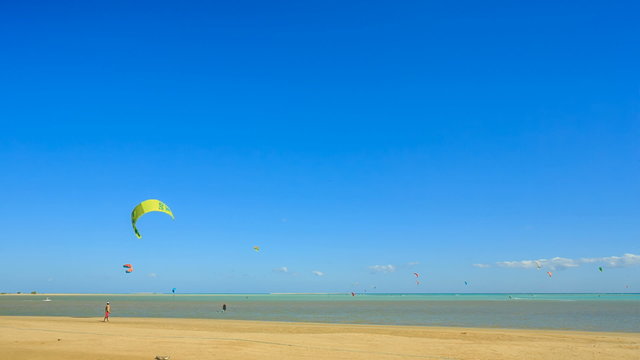 People engaged in kite surfing in the Kite Village at the Red Sea near Hamata Marine.