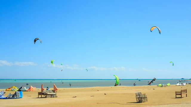 People engaged in kite surfing in the Kite Village at the Red Sea near Hamata Marine.
