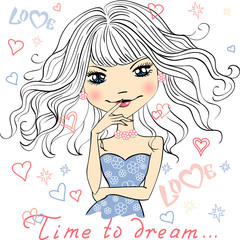 Vector beautiful fashionable girl dreams and smiles a dream smile. T-shirt Graphics. Girl print.
