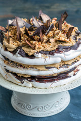 Coffee cake with nuts and chocolate. View from above.