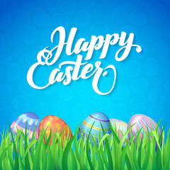Happy easter. Celebration. Card for Easter with a blue background, green grass and colored eggs