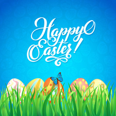 Happy easter. Celebration. Card for Easter with a blue background, green grass and colored eggs