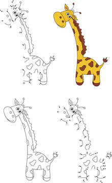 Cartoon giraffe. Coloring book and dot to dot game for kids