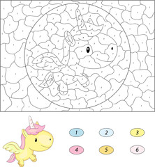 Cartoon unicorn. Color by number educational game for kids