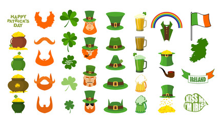 Patricks day. Set of icons. Red Beard and pipe. Leprechaun in Gr