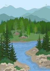 Summer Mountain Landscape with Blue River, Green Fir, Birch Trees and Bushes on the Rocky Shore and Birds in the Sky. Vector