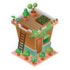 Garden house in spring and summer. 3d isometric view. Vector illustration.