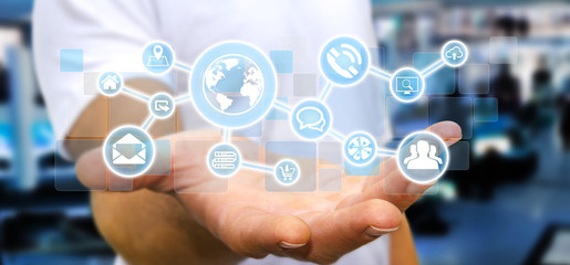 Businessman holding digital tactile screen web network with web