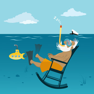 Retired old sea captain relaxing in a rocking chair underwater, breathing through a snorkel, EPS 8 vector illustration