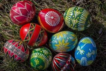 hand painted easter eggs in a grass. easter theme