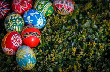  painted Easter eggs on a green background.