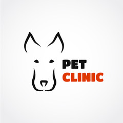 Abstract dog veterinary clinic logotype with funny dog head. Dog logo in silhouette line style. Dog stock vector illustration.