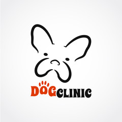 Abstract dog vet clinic logotype with funny dog head. Dog logo in silhouette line style. Dog stock vector illustration.
